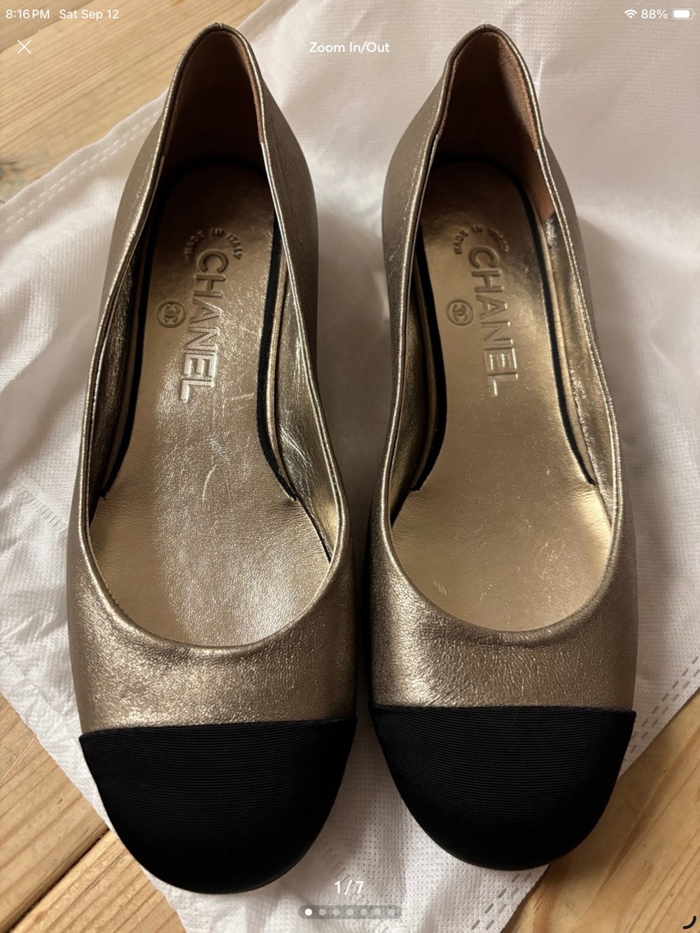 CHANEL Metallic Gold-bronze Leather Ballet Flats with Black Cap Toe